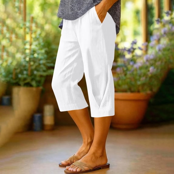 Cutuoiiu Women's Casual Solid Color Cotton Linen Blend Capri Pants with Pockets and Ruched Detail Gifts