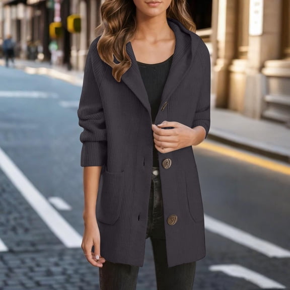 Cutuoiiu Women's Casual Solid Color Loose Button Cardigan Long Sleeved Hooded Sweater Jackets with Pockets Gifts