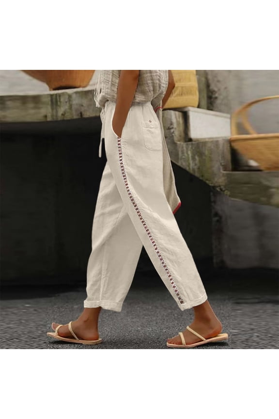 Women's Casual Solid Color Mid Waist Lace Up Pants with Pockets, Loose Cotton Pants for Women, Breathable Work Daily Vacation Outfits for Women