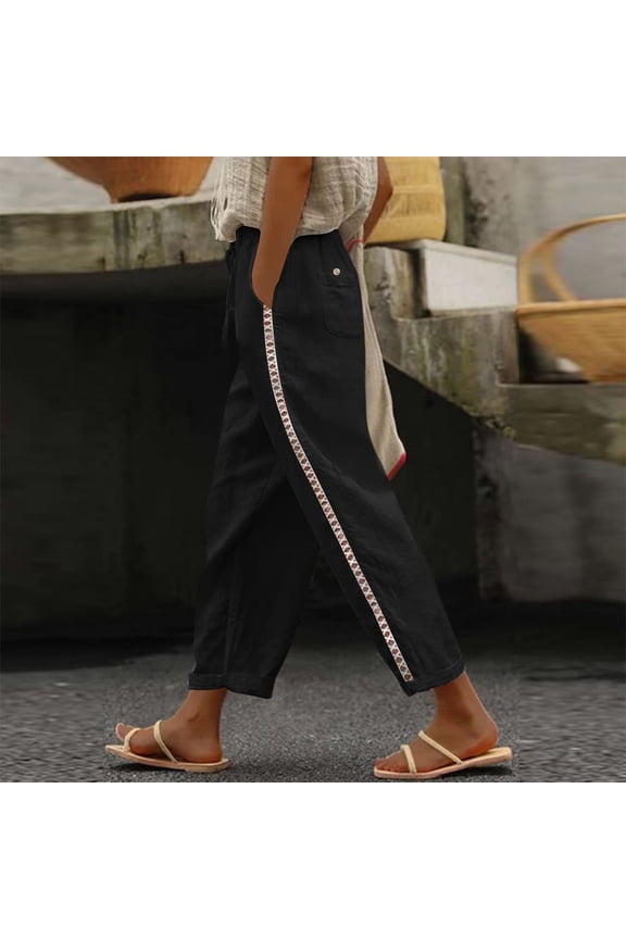 Women's Casual Solid Color Mid Waist Lace Up Pants with Pockets, Loose Cotton Pants for Women, Breathable Work Daily Vacation Outfits for Women
