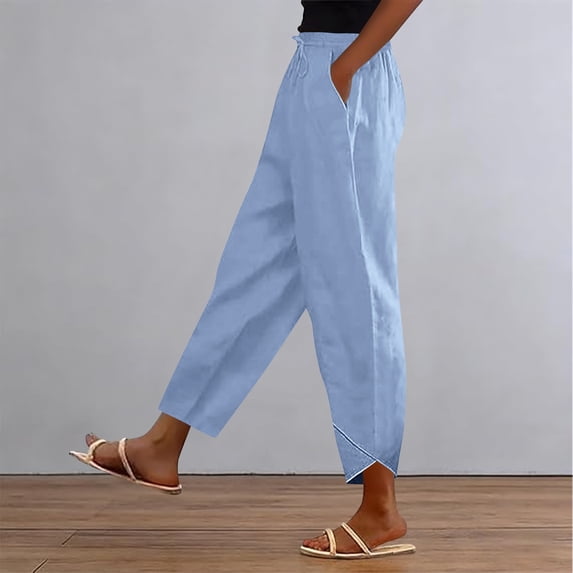 Cutuoiiu Women's Casual Solid Color Pants with Pockets High Waisted Drawstring Asymmetrical Ankle Hem Plus Size S-3XL Breathable Fabric for Summer & Daily Wear Gifts