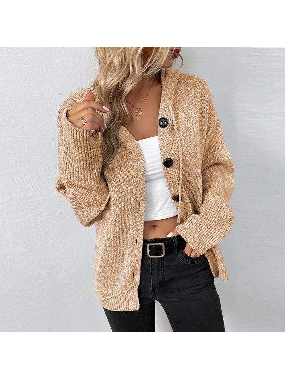 Women's Casual Solid Color Rope Knitting Cardigan Hooded Jacket Gifts