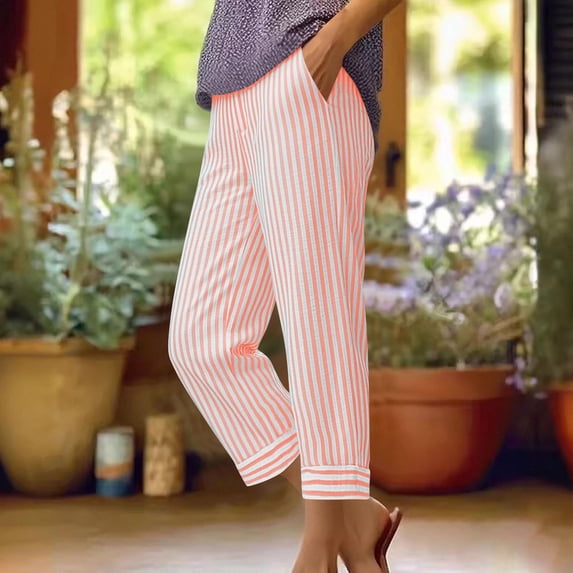 Cutuoiiu Women's Casual Striped Capri Pants with Pockets, Button Zipper Elastic Waist Cropped Trousers Gift