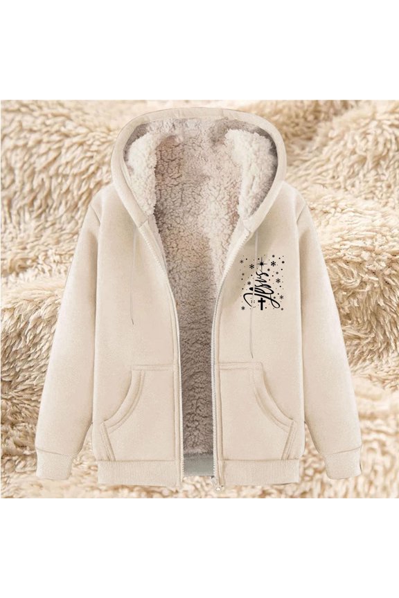 Women's Christmas Pattern Fleece Hoodie Soft Sherpa Lined Coat with Drawstring Hood and Full Zip Gifts