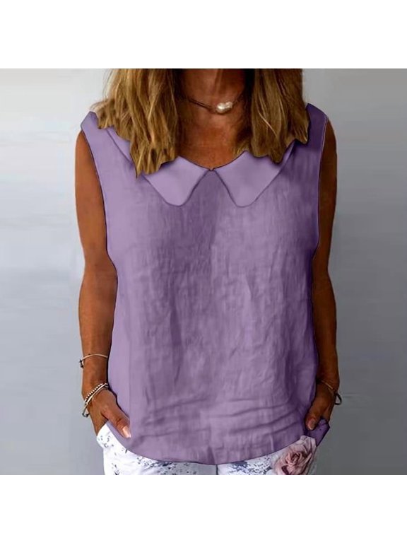 Women's Comfy Collared Cotton Linen Solid Color Sleeveless Comfy Summer Tops Gifts