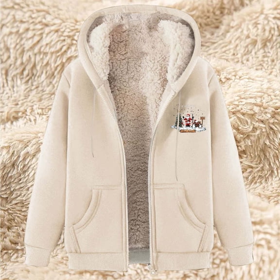 Cutuoiiu Women's Cozy Christmas Print Fleece Jacket Hooded Sherpa Lined Outerwear with Full Zipper and Front Pockets Gifts