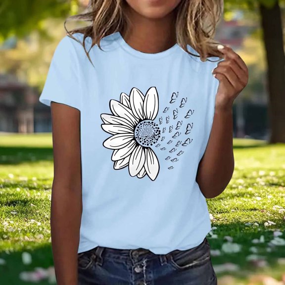 Cutuoiiu Women's Cozy Sunflower Printed T-Shirt Cute Flower Graphic Loose Crew Neck Tops Gifts