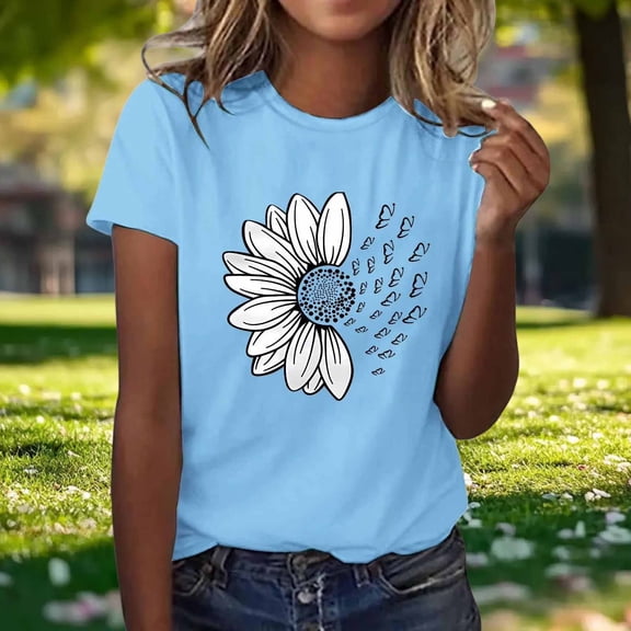 Cutuoiiu Women's Cozy Sunflower Printed T-Shirt Cute Flower Graphic Loose Crew Neck Tops Gifts