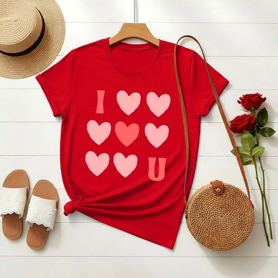 Cutuoiiu Women's Cute Love Heart Graphic Crew Neck Casual Short Sleeve Tops Gifts