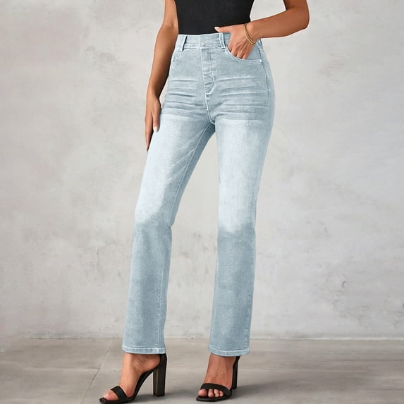 Cutuoiiu Women's Elastic High Waist Wide Leg Straight Jeans Casual Denim Long Trousers with Pockets Gifts