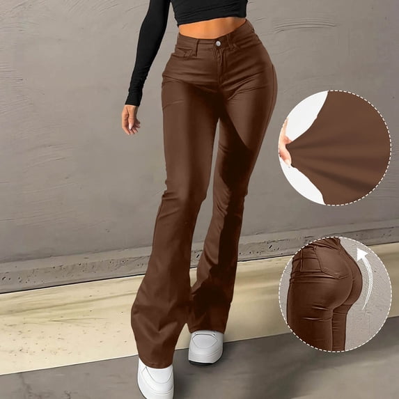 Cutuoiiu Women's Fashion Solid Color High Waisted Leather Pants Flared Leg Trousers for Casual and Night Out Gifts