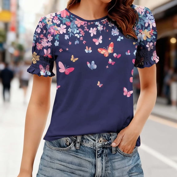 Cutuoiiu Women's Floral Print Crew Neck Elastic Short Sleeve Loose T-shirts Gifts