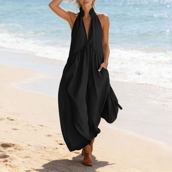 Cutuoiiu Women's Halter Neck Wide Leg Jumpsuit, Sleeveless Deep V Neck, Loose Fit Casual Cotton Romper with Side Pockets