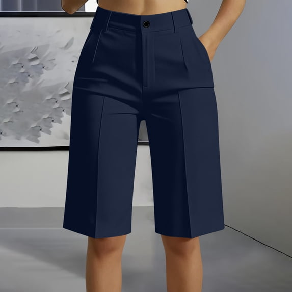 Cutuoiiu Women's High Waist Bermuda Shorts Wide Leg Knee Length with Pockets Button Closure Summer Casual Work Office Wear