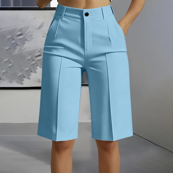 Cutuoiiu Women's High Waist Bermuda Shorts Wide Leg Knee Length with Pockets Button Closure Summer Casual Work Office Wear