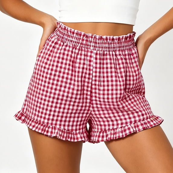 Cutuoiiu Women's High Waist Gingham Shorts Elastic Ruffled Waist with Ruffle Hem, Casual Summer Beach Shorts with Pockets
