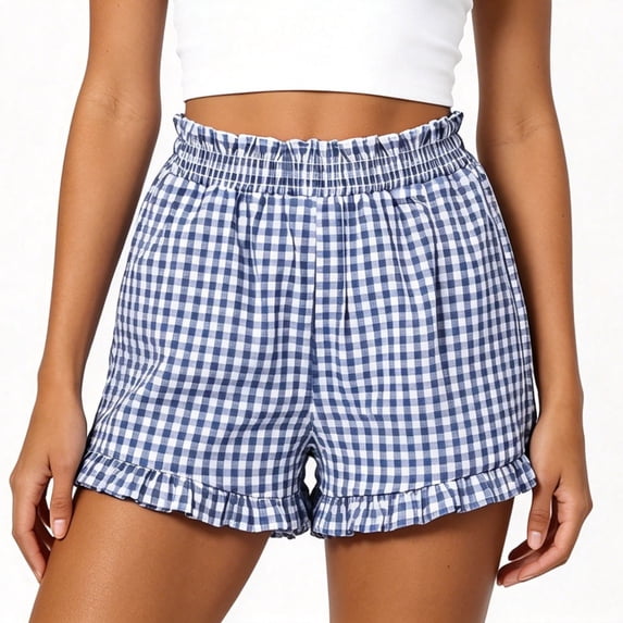Cutuoiiu Women's High Waist Gingham Shorts Elastic Ruffled Waist with Ruffle Hem, Casual Summer Beach Shorts with Pockets