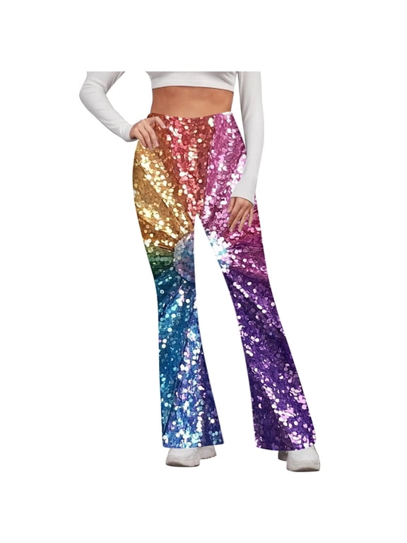Women's High Waisted Flared Pants Sparkle Starry Print Tummy Control Hip Shaping Stretchy Long Pants for Casual Party Daily Wear Gifts