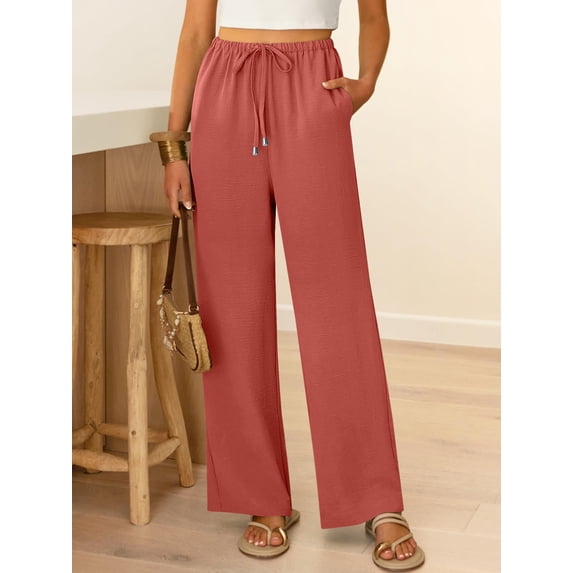 Cutuoiiu Women's High Waisted Solid Color Wide Leg Pants, Drawstring Elastic Waist with Pockets, Lightweight Loose Fit Long Trousers for Everyday Wear Gift