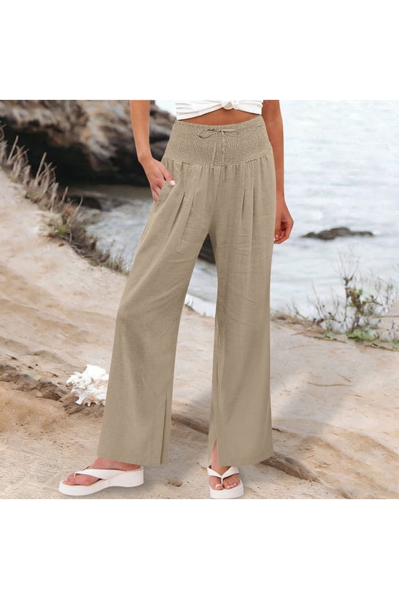 Women's High Waisted Wide Leg Pants Cotton Linen Blend Smocked Waist Drawstring Casual Trousers with Pockets Gifts