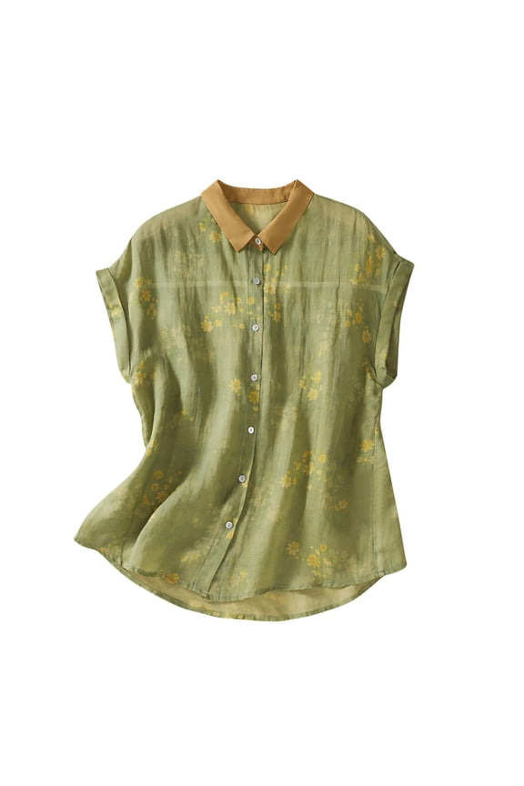 Women's Light and Breathable Flax Short-sleeved Turndown Collar Casual Printed Button Tops Gifts