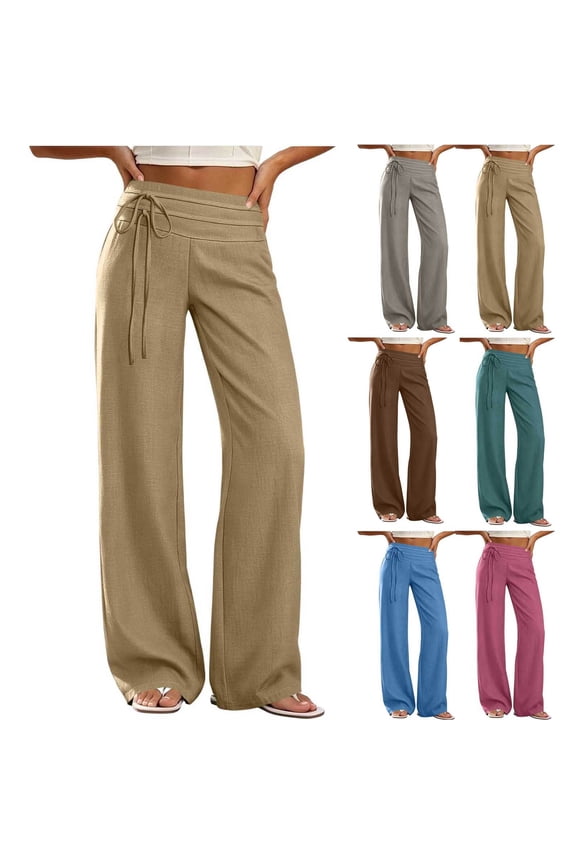 Women's Linen Blend Wide Leg Pants Solid Color Double Layer Elastic Drawstring Waist Full Length Straight Pants with Side Pockets Four Season Daily Beach Travel Bottoms