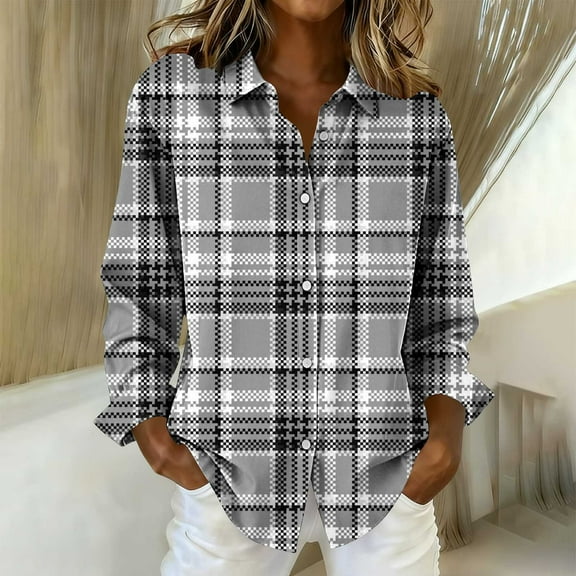 Cutuoiiu Women's Long Sleeve Button Down Shirts Plaid Business Casual Work Blouses Gifts