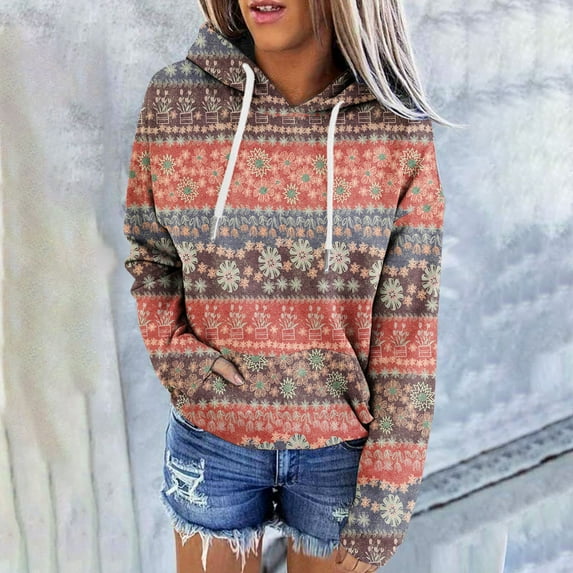 Cutuoiiu Women's Long Sleeve Hoodies Fashionable Printed Loose Pockets Tops Gifts