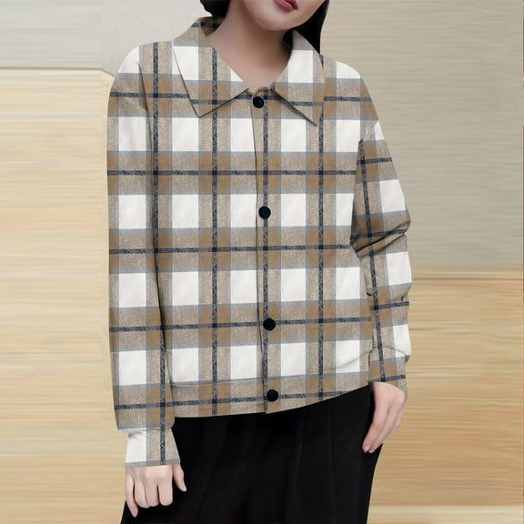 Cutuoiiu Women's Long Sleeve Plaid Striped Button up Lapel Coat Fall Winter Fashion Work Shirts Gifts