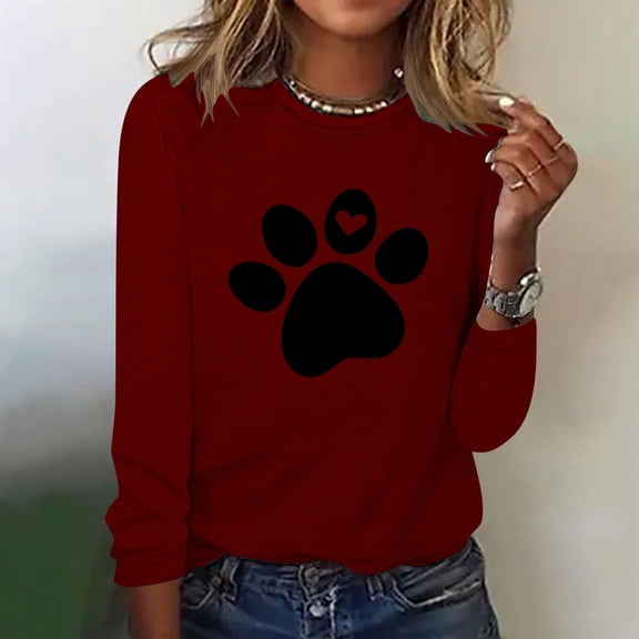 Cutuoiiu Women's Long Sleeve Shirts Dog Paw Prints Cute Graphic Crewneck T-shirts Gifts