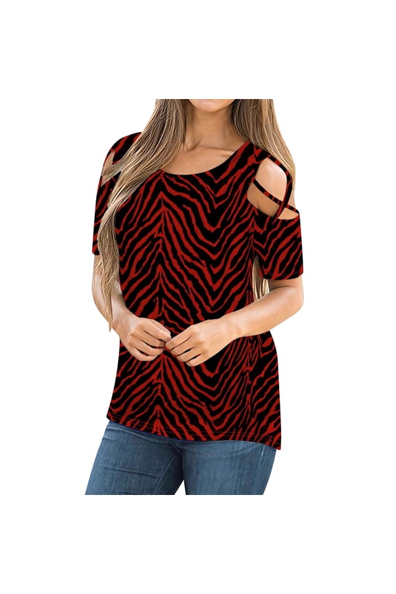 Women's Loose Off The Shoulder Casual Long Sleeve Cold Shoulder Leopard Prints Blouse Summer Clothes Gifts