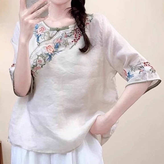 Cutuoiiu Women's Loose Retro Ethnic Style Button Round Neck 3/4 Sleeve Shirts Gifts