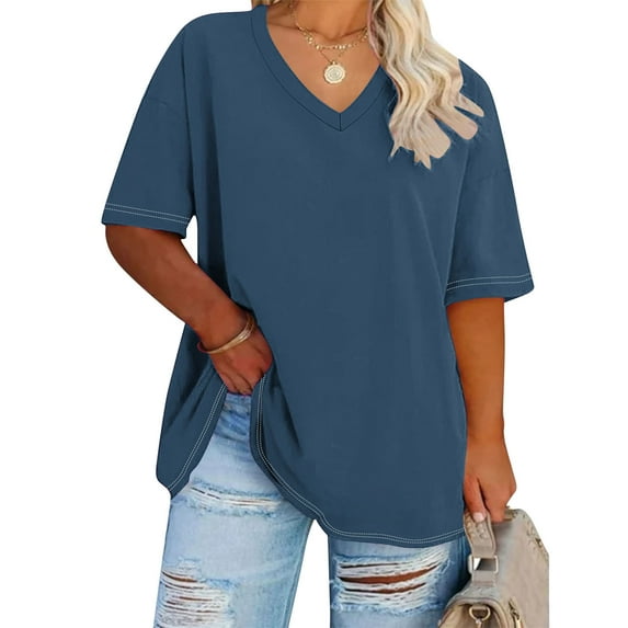 Cutuoiiu Women's Loose Short Sleeve V Neck Solid Color Oversized Tops Gifts