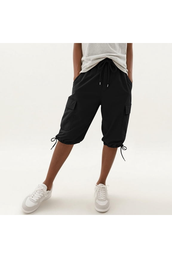 Women's Loose Solid Color Elastic Drawstring Waist Cargo Capri Pants with Pockets for Summer Casual Wear