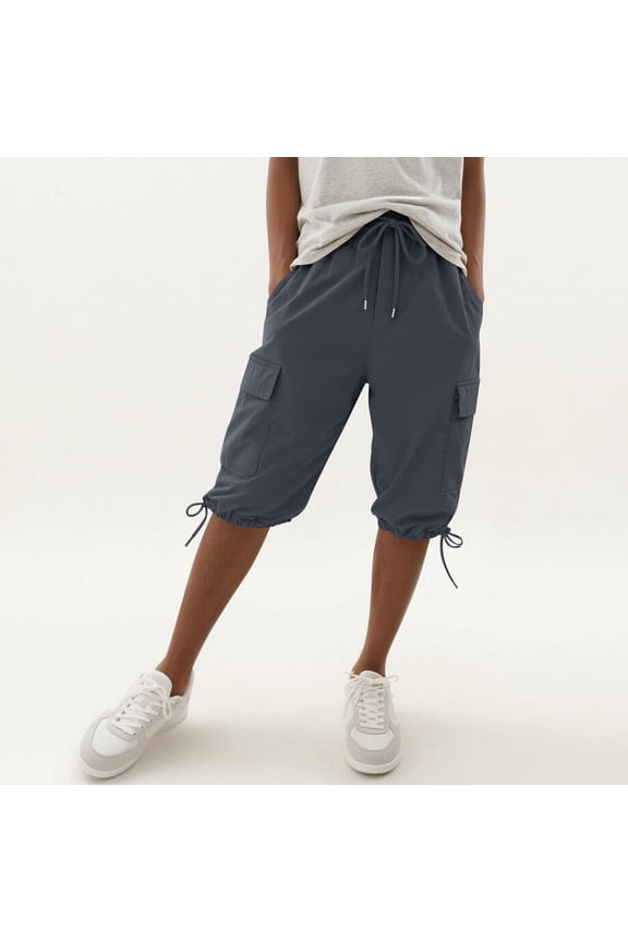 Women's Loose Solid Color Elastic Drawstring Waist Cargo Capri Pants with Pockets for Summer Casual Wear