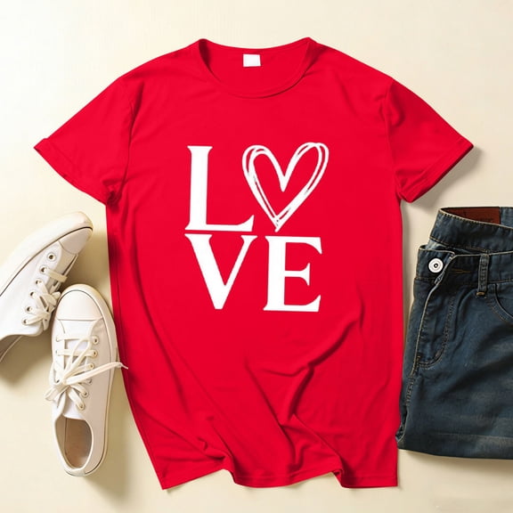 Cutuoiiu Women's Love Heart Print Casual Valentines Short Sleeve Tops Gifts