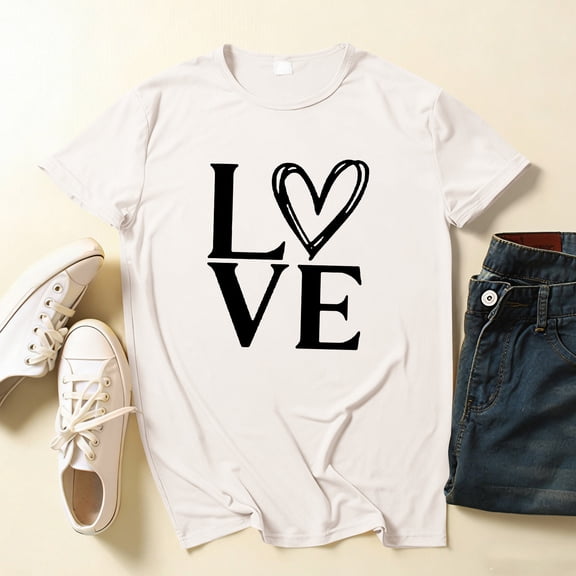 Cutuoiiu Women's Love Heart Print Casual Valentines Short Sleeve Tops Gifts