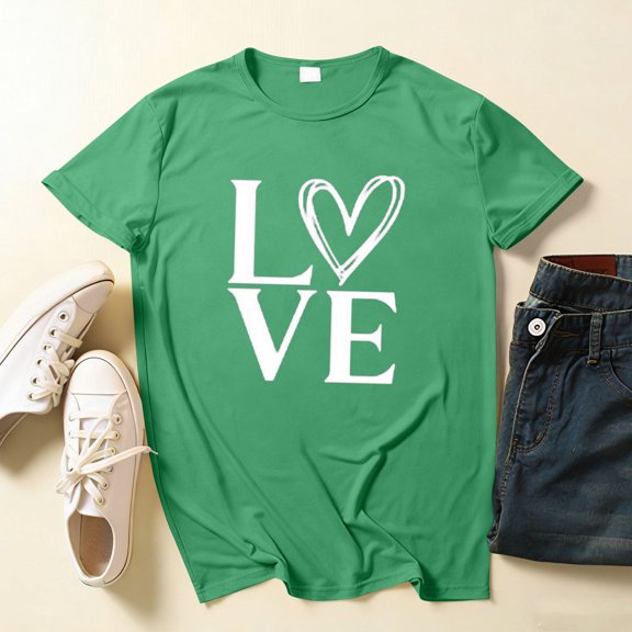 Cutuoiiu Women's Love Heart Print Casual Valentines Short Sleeve Tops Gifts