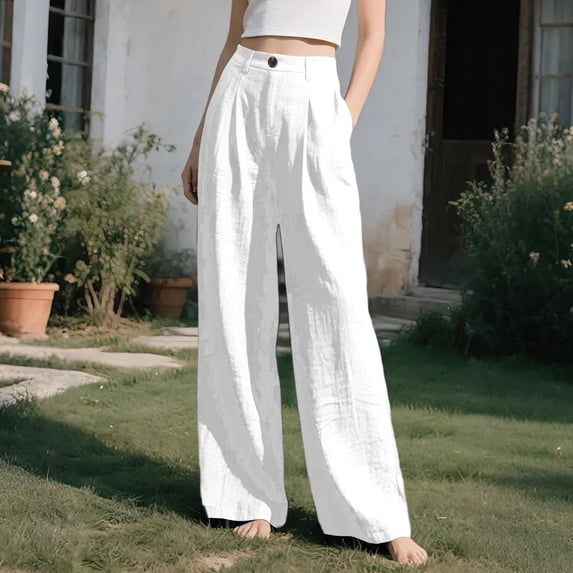 Cutuoiiu Women's Plus Size Casual Cotton Linen Trousers Solid Color Button Closure Elastic Waist Straight Leg Pants with Pockets for Work, Daily Wear