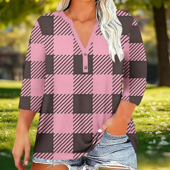 Cutuoiiu Women's Plus Size Color Block Prints 3/4 Sleeve T-shirts Casual Loose Button V-Neck Cozy Tops Gifts