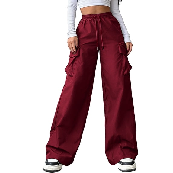 Cutuoiiu Women's Plus Size Solid Color Wide Leg Cargo Pants Elastic Waist Drawstring with Pockets for Streetwear Casual Daily Wear
