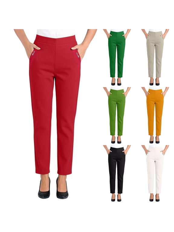 Women's Plus Size Straight Leg Pants Solid Color High Elastic Waist Casual Ankle Length Trousers with Decorative Pocket Details for Daily Office Vacation Wear