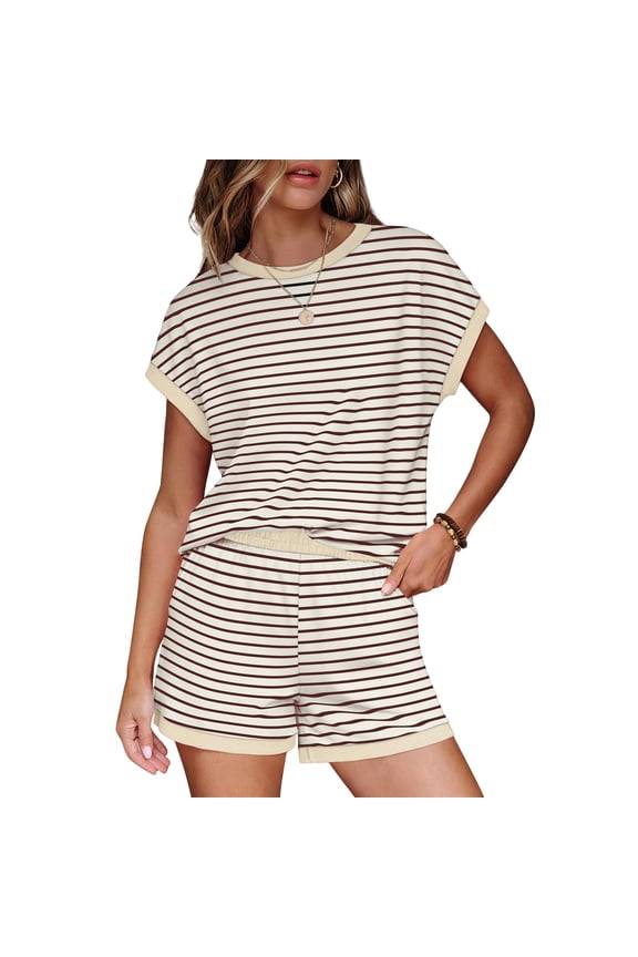 Women's Plus Size Striped Outfits Short Sleeve Loose Crewneck Top and Pockets Shorts Two Piece Set for Daily Wear