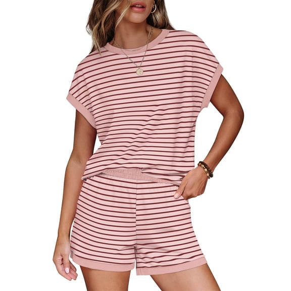 Cutuoiiu Women's Plus Size Striped Outfits Short Sleeve Loose Crewneck Top and Pockets Shorts Two Piece Set for Daily Wear