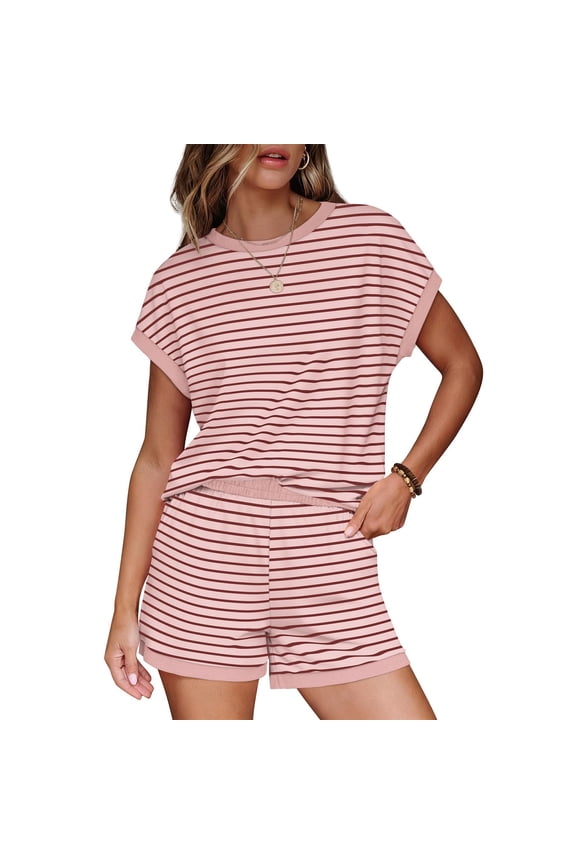 Women's Plus Size Striped Outfits Short Sleeve Loose Crewneck Top and Pockets Shorts Two Piece Set for Daily Wear
