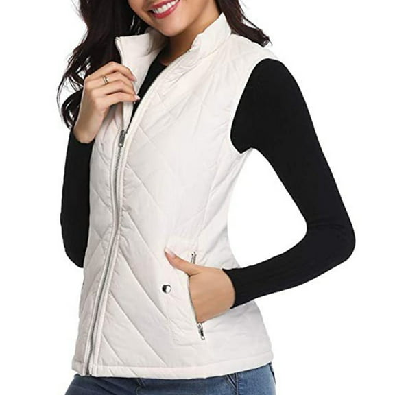 Cutuoiiu Women's Quilted Vest Jacket Stand Collar Zipper Pockets Coat Gifts