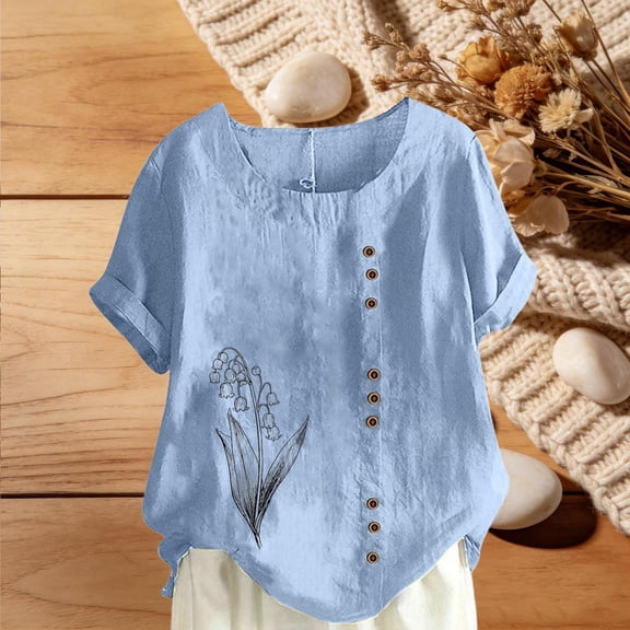 Cutuoiiu Women's Round-Neck Flower Prints Summer Short Sleeve Casual Loose Comfy Tops Gifts