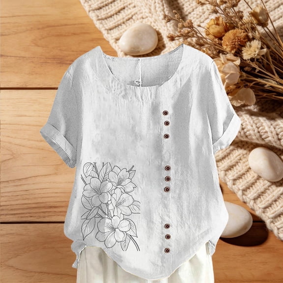 Cutuoiiu Women's Round-Neck Flower Prints Summer Short Sleeve Casual Loose Comfy Tops Gifts