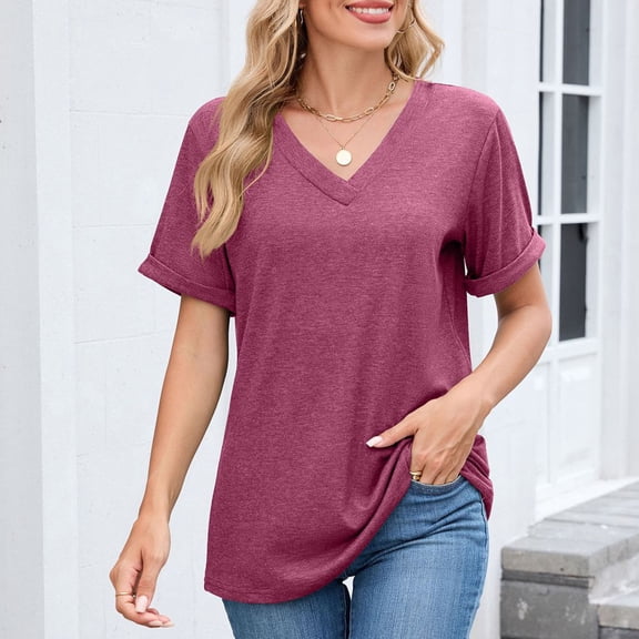 Cutuoiiu Women's Short Sleeve Summer V-Neck Casual Loose Solid Color Tops Gifts