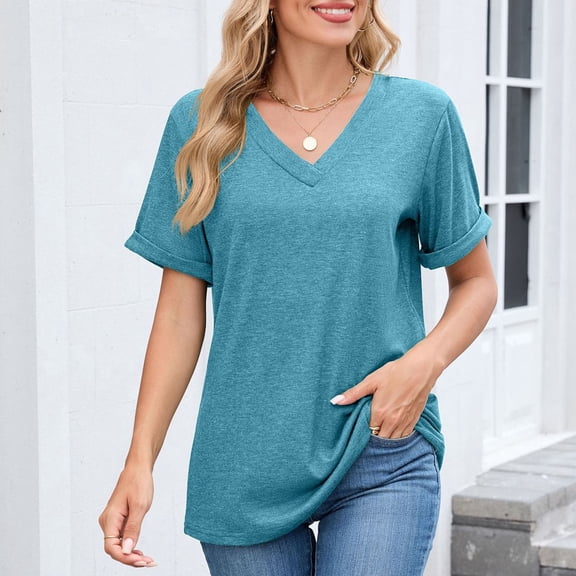Cutuoiiu Women's Short Sleeve Summer V-Neck Casual Loose Solid Color Tops Gifts
